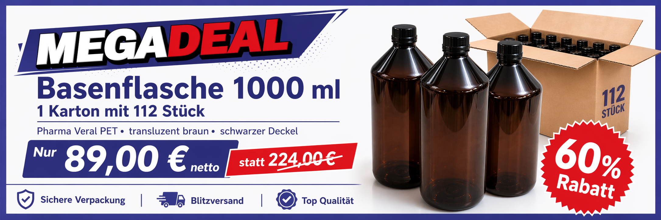 Mega Deal Basenflasche 1000 ml transluzent braun 112 Stück im Karton nur 89,00 Euro netto