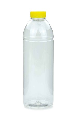 1000 ml R-PET-Smoothie-Flasche transparent, Ø 81,0 mm, Verschluss gelb