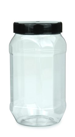 1.000 ml PET-Weithalstiegel 82 klar, achteckig (82 RTS) – Deckel schwarz, glänzend, Dichtkonus