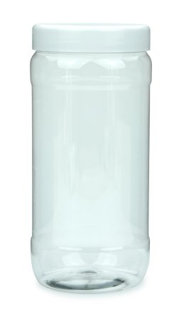 1.000 ml PET-Weithalstiegel 82 klar, rund mit Etikettierfeld (82 RTS) – Deckel weiß, glänzend, Dichtkonus