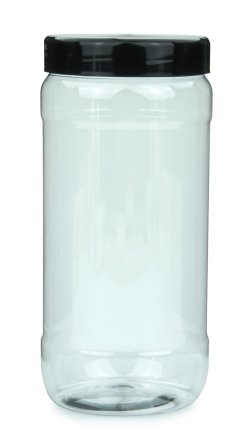 1.000 ml PET-Weithalstiegel 82 klar, rund mit Etikettierfeld (82 RTS) – Deckel schwarz, glänzend, Dichtkonus