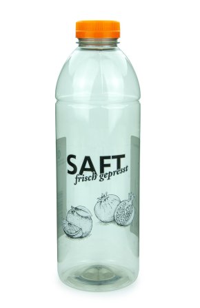1000 ml R-PET-Saftflasche transparent mit DPG-Pfandetikett, Ø 81,0 mm, Schraubverschluss orange