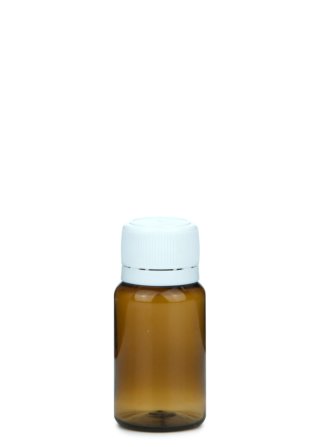 10 ml PET-Mini-Flasche braun, Ø 24,5 mm, Verschluss weiß