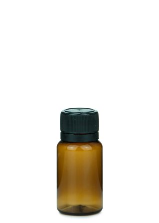 10 ml PET-Mini-Flasche braun, Ø 24,5 mm, Verschluss schwarz