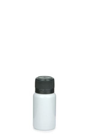 10 ml PET-Mini-Flasche weiß, Ø 24,5 mm, Verschluss schwarz