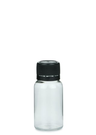 15 ml PET-Mini-Flasche transparent, Ø 25,5 mm, Verschluss schwarz