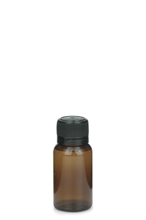 15 ml PET-Mini-Flasche braun, Ø 25,5 mm, Verschluss schwarz