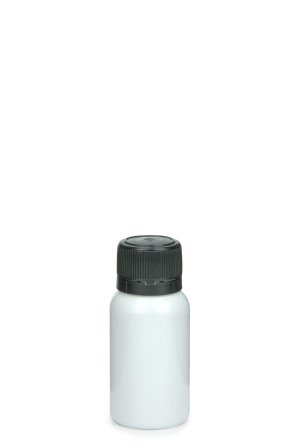 15 ml PET-Mini-Flasche weiß, Ø 25,5 mm, Verschluss schwarz