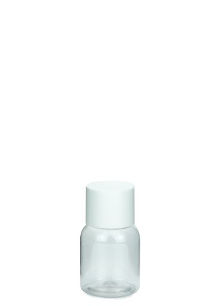 25 ml PET-Flasche transparent, Ø 32,3 mm, doppelwandiger Verschluss, kantig weiß