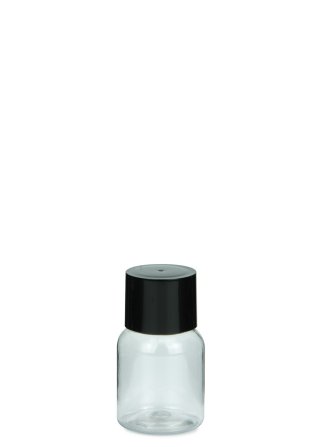 25 ml PET-Flasche transparent, Ø 32,3 mm, doppelwandiger Verschluss, kantig schwarz
