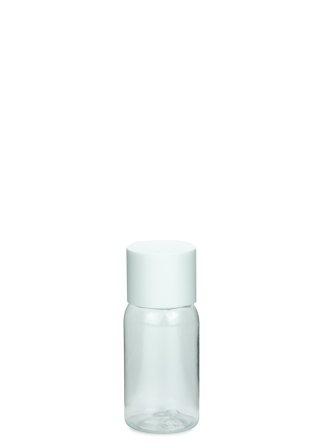 25 ml PET-Flasche transparent, Ø 28,5 mm, doppelwandiger Verschluss, kantig weiß