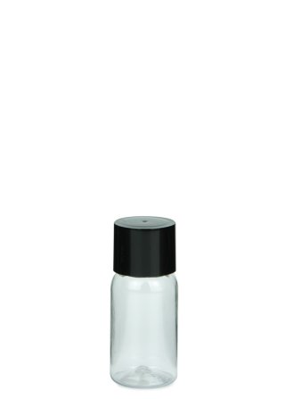 25 ml PET-Flasche transparent, Ø 28,5 mm, doppelwandiger Verschluss, kantig schwarz