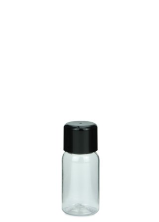25 ml PET-Flasche transparent, Ø 28,5 mm, doppelwandiger Verschluss, soft schwarz