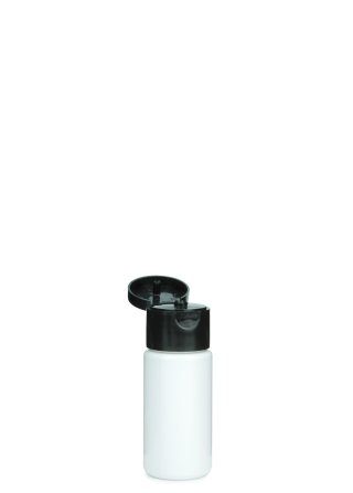 30 ml PETG-Flasche weiß, Ø 29,5 mm, Klappverschluss schwarz