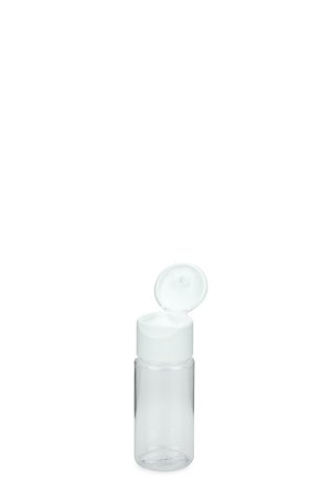 30 ml PETG-Flasche transparent, Ø 29,5 mm, Klappverschluss, Softline matt weiß