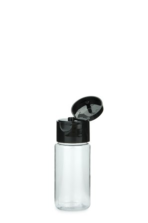 30 ml PETG-Flasche transparent, Ø 29,5 mm, Klappverschluss schwarz