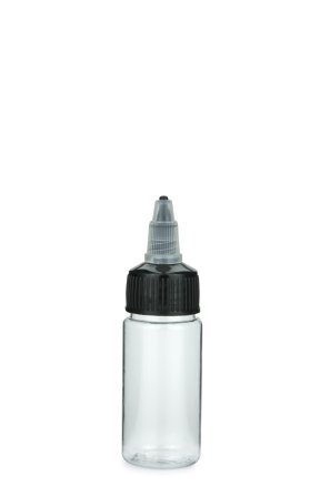 30 ml PETG-Dosierflasche transparent, Ø 29,5 mm, On/Off-Verschluss (schwarz/transparent)
