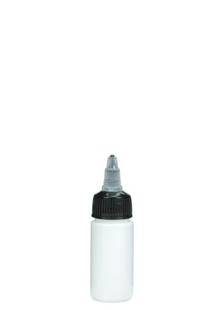 30 ml PETG-Dosierflasche weiß, Ø 29,5 mm, On/Off-Verschluss (schwarz/transparent)