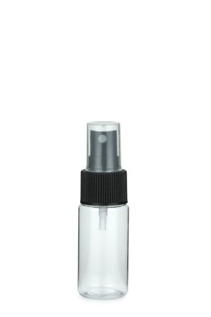 30 ml PETG-Flasche transparent, Ø 29,5 mm, Sprühzerstäuber schwarz, geriffelt