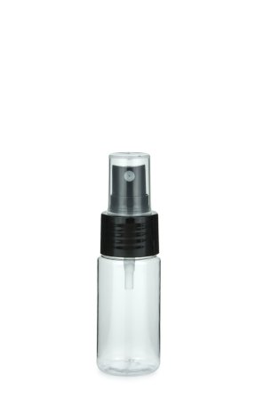 30 ml PETG-Flasche transparent, Ø 29,5 mm, Sprühzerstäuber schwarz, glatt