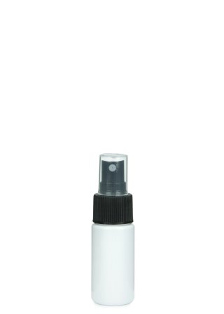 30 ml PETG-Flasche weiß, Ø 29,5 mm, Sprühzerstäuber schwarz, geriffelt