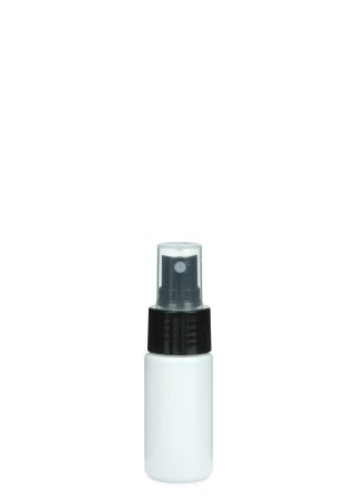 30 ml PETG-Flasche weiß, Ø 29,5 mm, Sprühzerstäuber schwarz, glatt