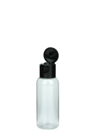 35 ml PET-Flasche transparent, Ø 28,5 mm, Klappverschluss schwarz