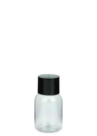 35 ml PET-Flasche transparent, Ø 34,0 mm, doppelwandiger Verschluss, kantig schwarz