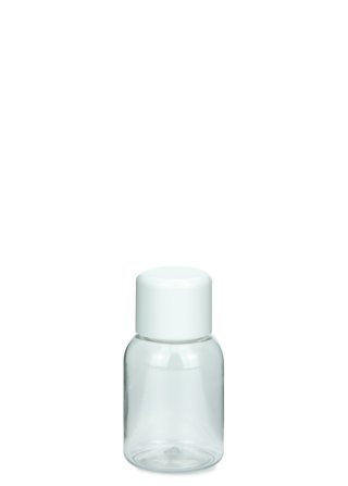35 ml PET-Flasche transparent, Ø 34,0 mm, doppelwandiger Verschluss, soft weiß