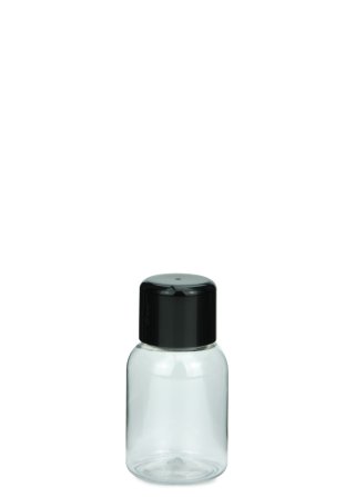 35 ml PET-Flasche transparent, Ø 34,0 mm, doppelwandiger Verschluss, soft schwarz