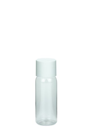35 ml PET-Flasche transparent, Ø 28,5 mm, doppelwandiger Verschluss, kantig weiß