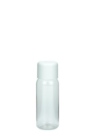 35 ml PET-Flasche transparent, Ø 28,5 mm, doppelwandiger Verschluss, soft weiß