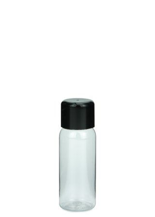 35 ml PET-Flasche transparent, Ø 28,5 mm, doppelwandiger Verschluss, soft schwarz
