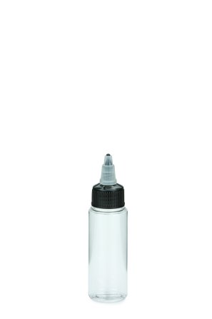 50 ml PETG-Dosierflasche transparent, Ø 32,0 mm, On/Off-Verschluss (schwarz/transparent)