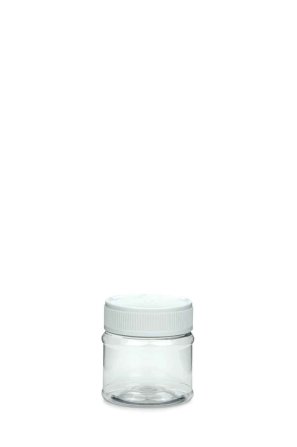 50 ml PET-Minitiegel klar (43 RTS) – Deckel weiß, glänzend, Dichtkonus