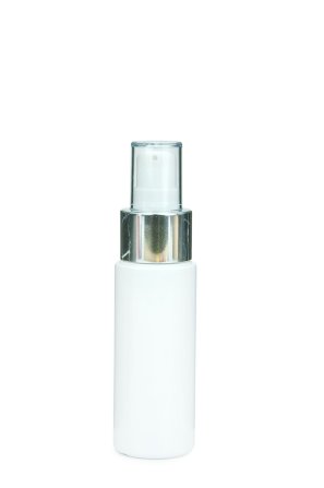 50 ml PETG-Flasche weiß, Ø 32,0 mm, Lotionpumpe weiß/Metall