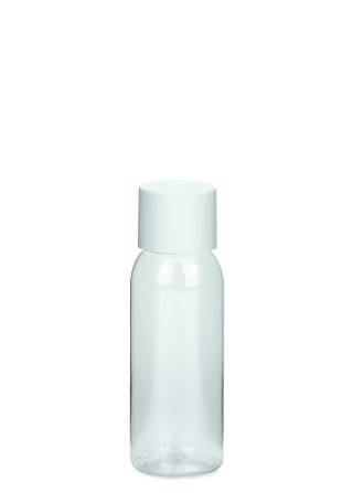 50 ml PET-Flasche transparent, Ø 31,5 mm, doppelwandiger Verschluss, kantig weiß