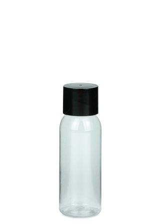 50 ml PET-Flasche transparent, Ø 31,5 mm, doppelwandiger Verschluss, kantig schwarz