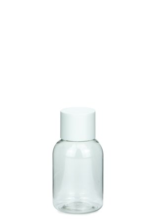 50 ml PET-Flasche transparent, Ø 37,8 mm, doppelwandiger Verschluss, kantig weiß