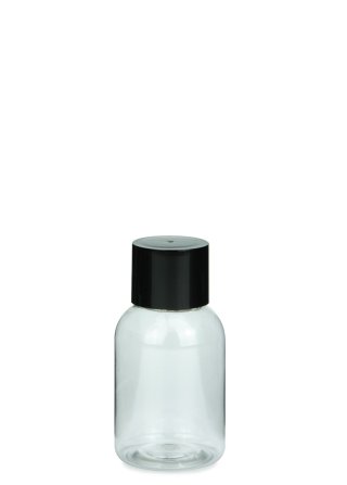 50 ml PET-Flasche transparent, Ø 37,8 mm, doppelwandiger Verschluss, kantig schwarz