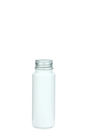 50 ml PETG-Flasche weiß, Ø 32,0 mm, Alu-Schraubkappe silber