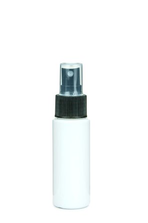 50 ml PETG-Flasche weiß, Ø 32 mm, Sprühzerstäuber schwarz, geriffelt