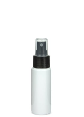 50 ml PETG-Flasche weiß, Ø 32 mm, Sprühzerstäuber schwarz, glatt