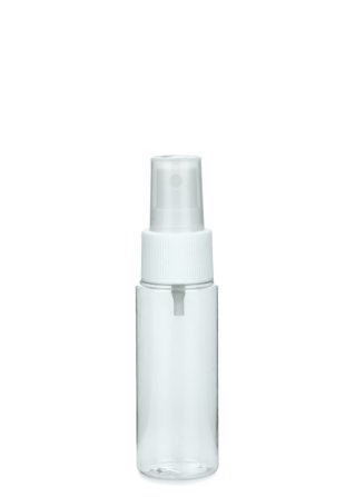50 ml PETG-Flasche transparent, Ø 32 mm, Sprühzerstäuber weiß, geriffelt