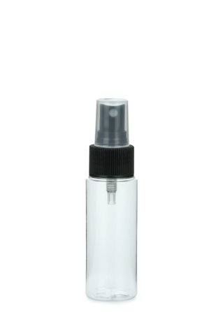 50 ml PETG-Flasche transparent, Ø 32 mm, Sprühzerstäuber schwarz, geriffelt