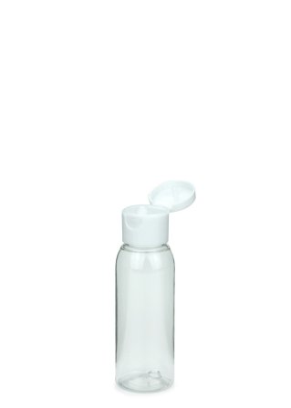60 ml R-PET-Flasche transparent, Ø 34,3 mm, Klappverschluss weiß