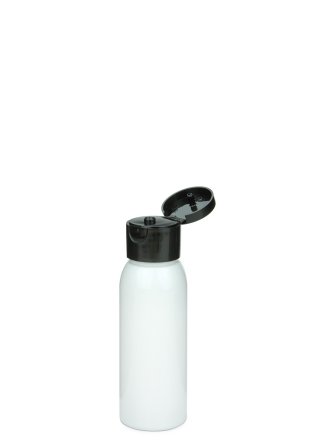 60 ml PET-Flasche weiß, Ø 34,3 mm, Klappverschluss schwarz