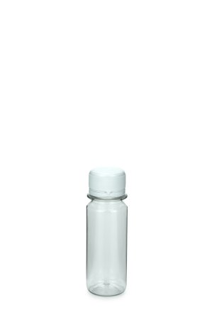 60 ml PET-Lebensmittelflasche transparent, Ø 34,0 mm, Verschluss weiß
