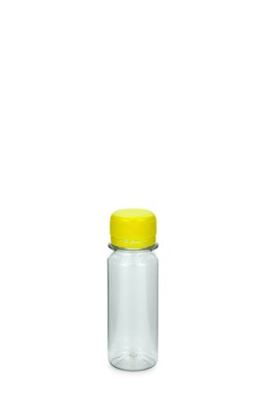 60 ml PET-Lebensmittelflasche transparent, Ø 34,0 mm, Verschluss gelb