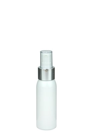 60 ml PET-Flasche weiß, Ø 34,3 mm, Lotionpumpe weiß/Metall